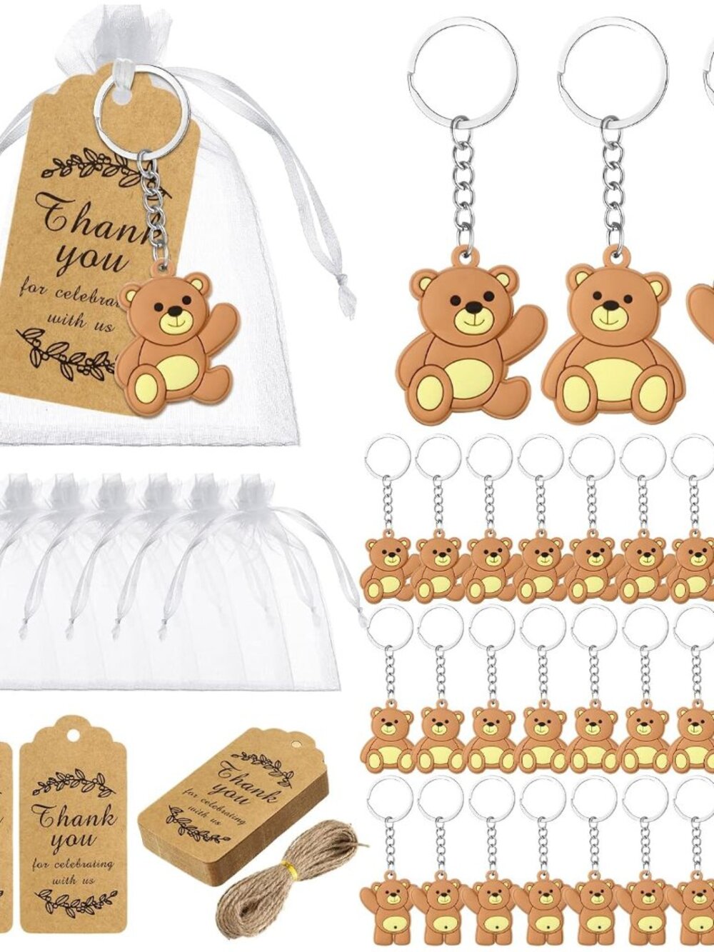 120 Pcs Baby Shower Favors Party Favor Bear Keychain, Brown, Stylish